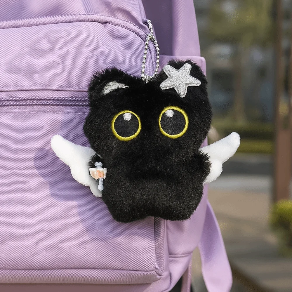 New Badminton Black Cat Keychain Angel Bell Bag Pendant Bow Car Key Ring Gifts