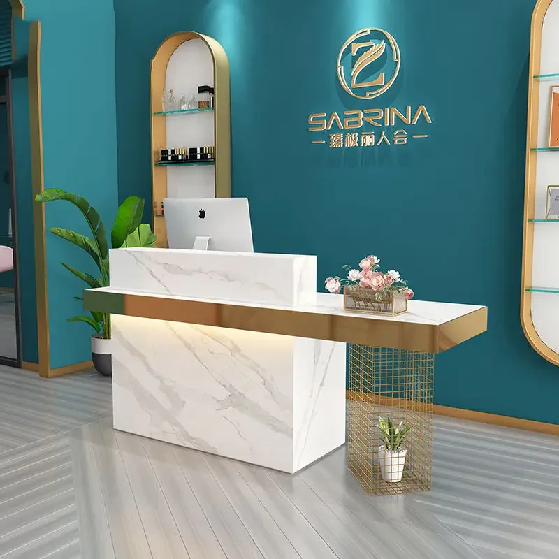 New Front Desk Custom Marble Counter With Gold-plated LOGO Modern White Gold Decorative Front Reception Desk