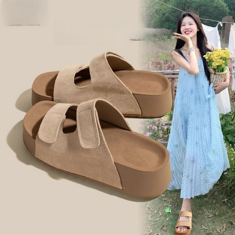 

Women's Suede Slides - Dual Adjustable Velcro Straps & 2.5cm Thick Sole, Breathable Summer Casual Sandals for Beach/Poolside