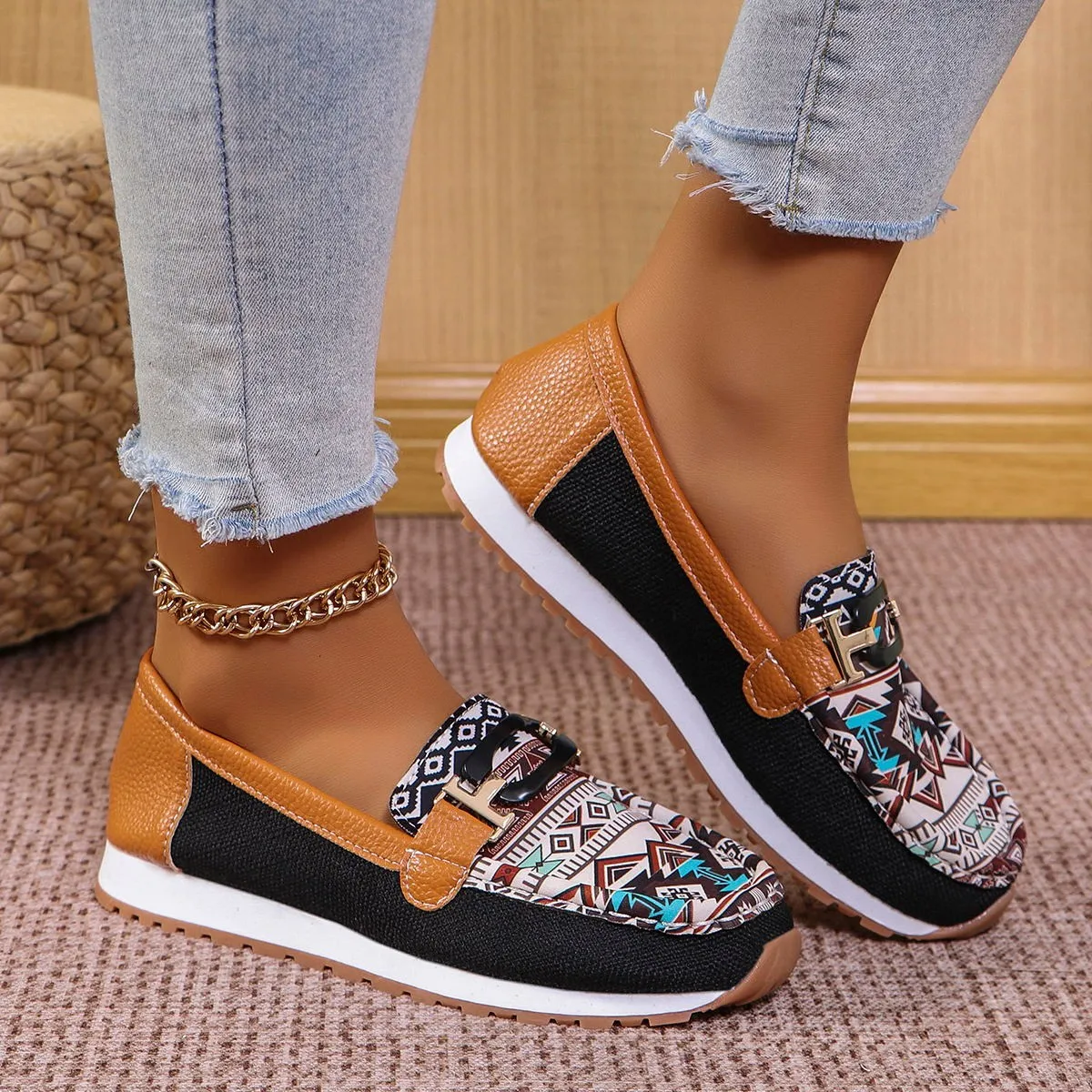 

Women Fashion Round Toe Casual Shoes New Woman Canvas Leather Mixed Color Comfortable Shallow Mouth Flats Female Walking Shoes