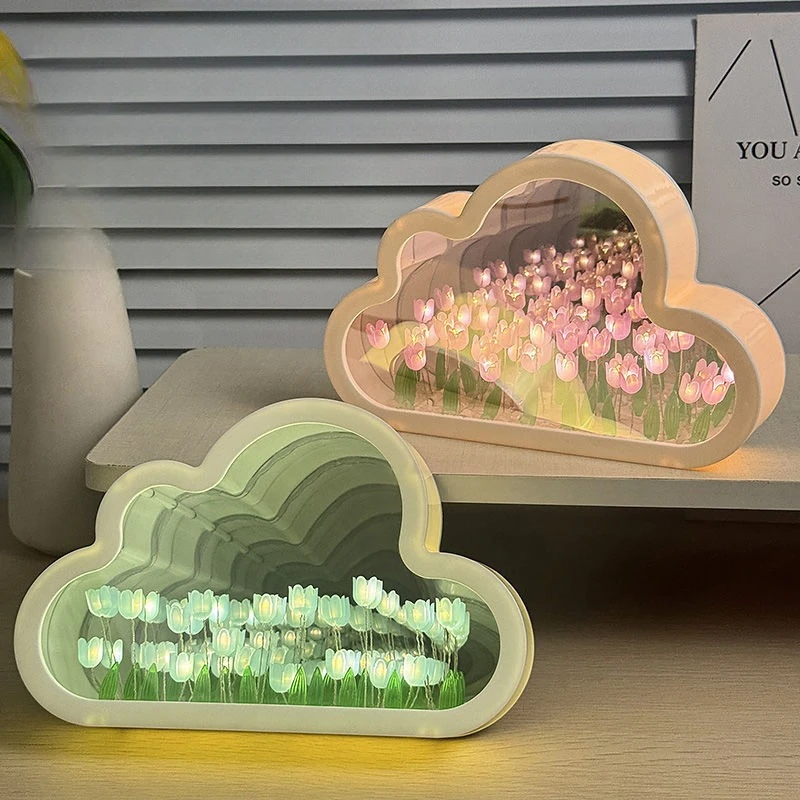 Cloud Tulip Flower Sea Night Light DIY Handmade Mirror Creative Atmosphere Light Desktop Small Ornaments Creative Gift