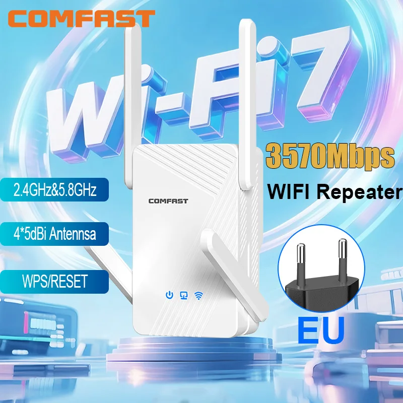 

Comfast WIFI 7 3570Mbps WiFi Wi-Fi Range Extender 2.4G/5G Repeater EU Plug WIFI Signal Amplifier 4*5dBi Antenna WPS/Reset Router