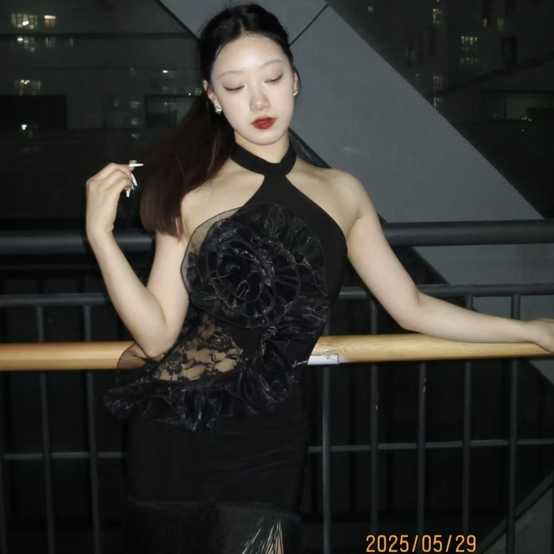 

Black Lace Big Flower Latin Dance Dress Women Performance Clothes Club Dance Costume Adult Practice Wear Fringe Dress DNV24025