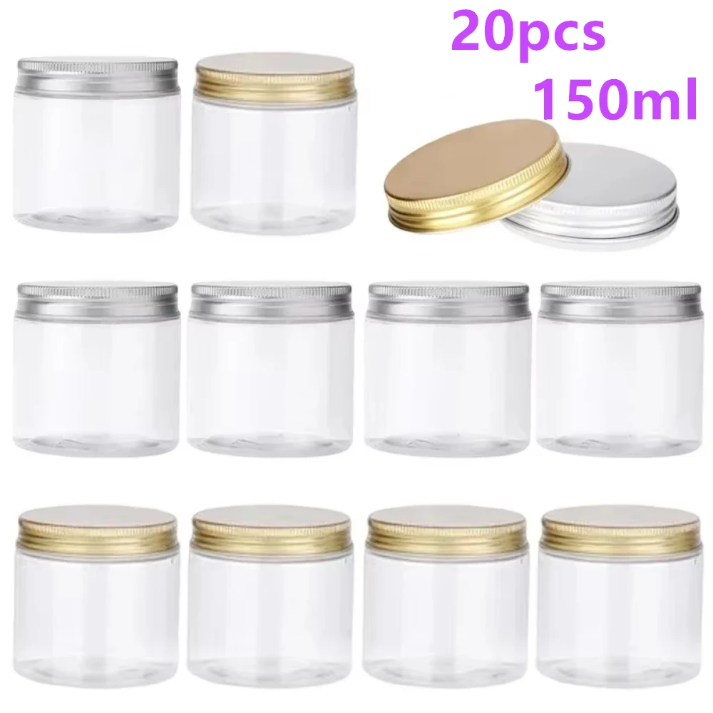 

20 шт., 150 мл, пустые пластиковые прозрачные банки с крышкой, косметические контейнеры для макияжа, дорожная бутылка, контейнер для крема для лица, банка для хранения образцов