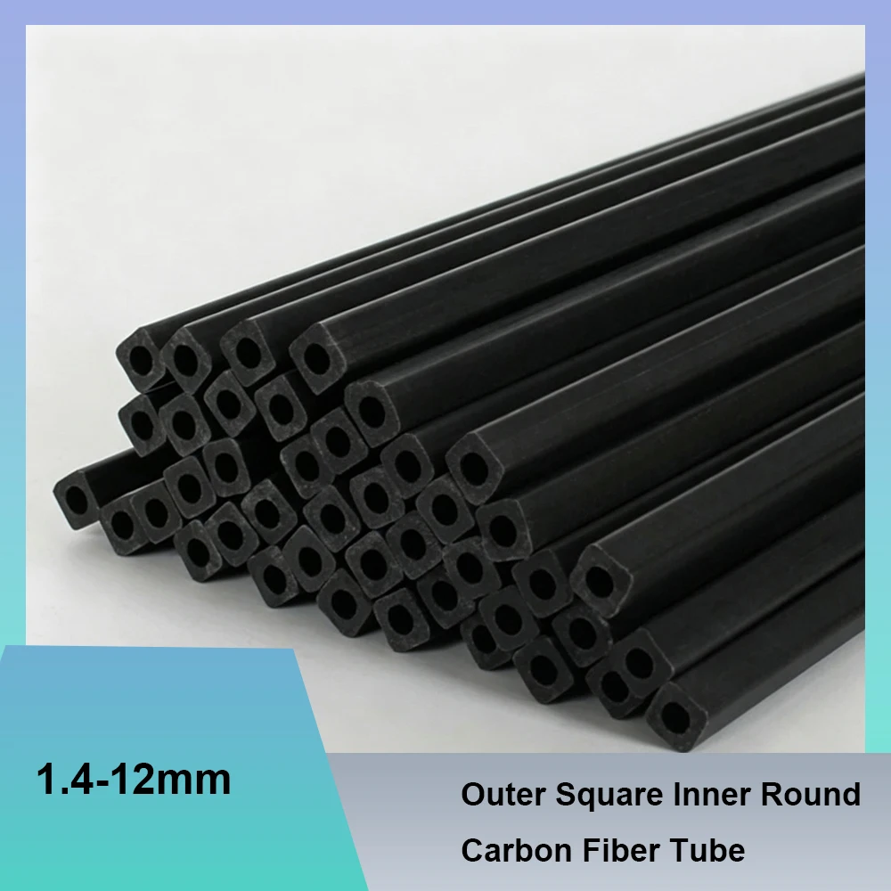 L 500mm Outer Square Inner Round Carbon Fiber Tube High-Density Mechanical Equipment Support/Model Material Accessories 1.4-12mm