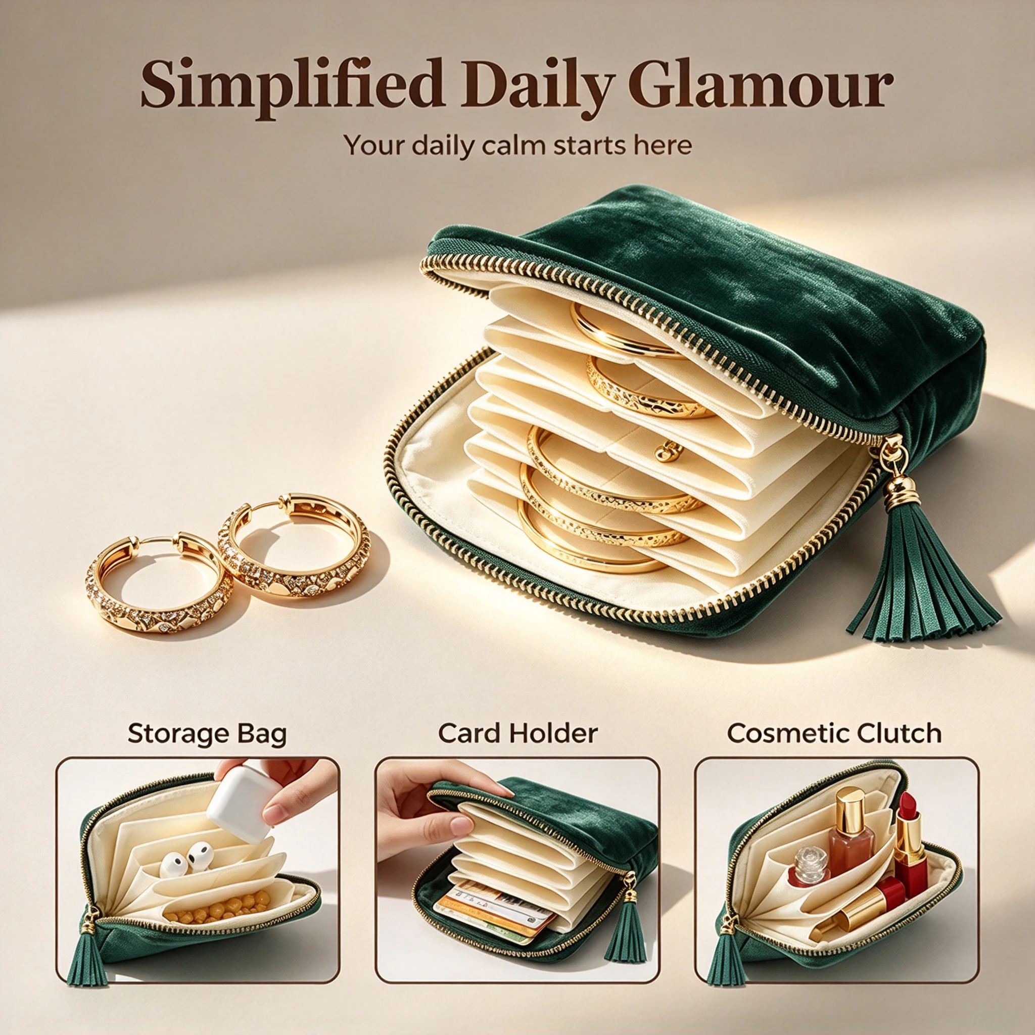 Soft Velvet Travel Jewelry Organizer Bag Portable Zippered Dustproof Storage Pouch Compact Case Rings Earrings Women Gift