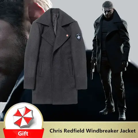 Biohazard 8 Village Chris Redfield Cosplay Costume Winter Autumn Trench Coat Deep Gray Windbreaker Jacket