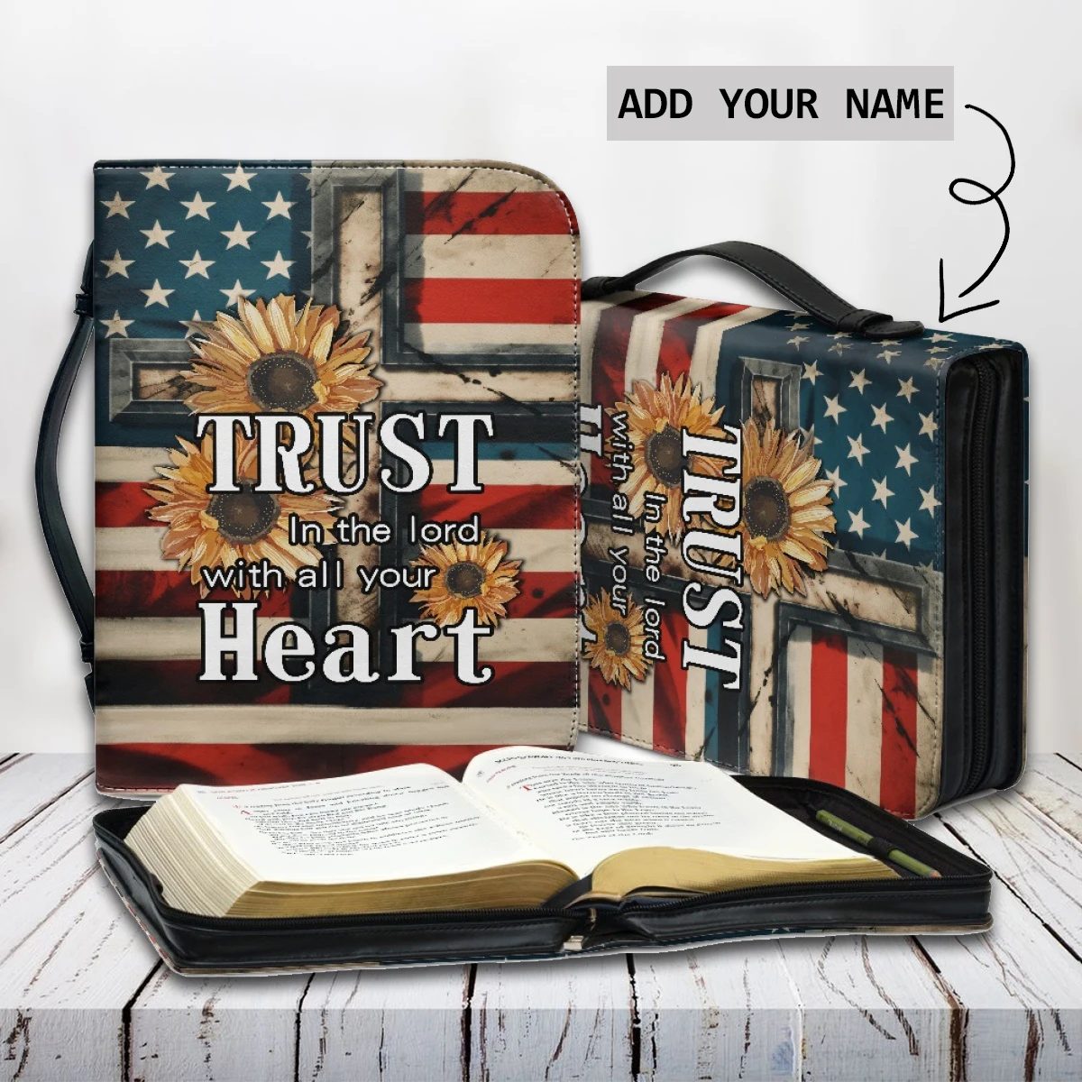 Fashion Bible Bag for Women USA Flag Sunflower Bible Verse Print Ladies PU Leather Bible Cover Size M-XXL Holy Study Book Boxes