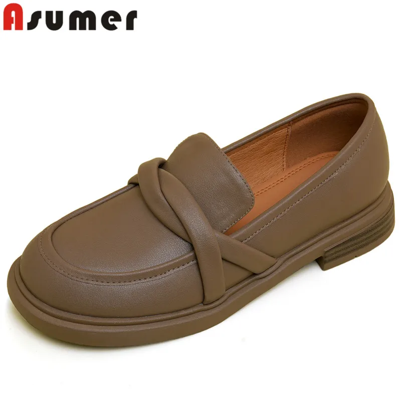 

ASUMER 2023 New Size 34-40 Genuine Leather Shoes Woman Office Ladies Square Med Heels Pumps Slip On Loafers Casual Shoes