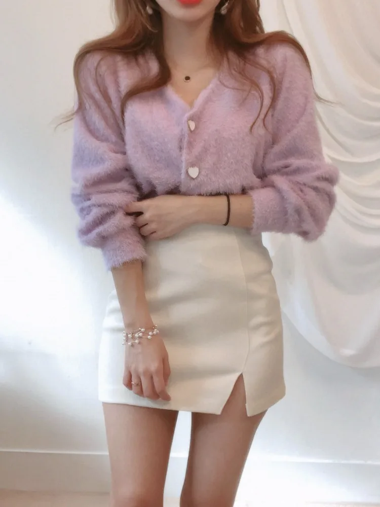 Chic Autumnal Soft Purple V-Ne Ele Heart Button Mink Knitted Open Cardigan Sweater Outerwear Faionable Commute