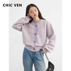 CHIC VEN Women's Cardigan New Vintage Cow Horn Button Sweater Coat Wool Soft Glutinous Jumpers Female Top Winter Autumn 2024