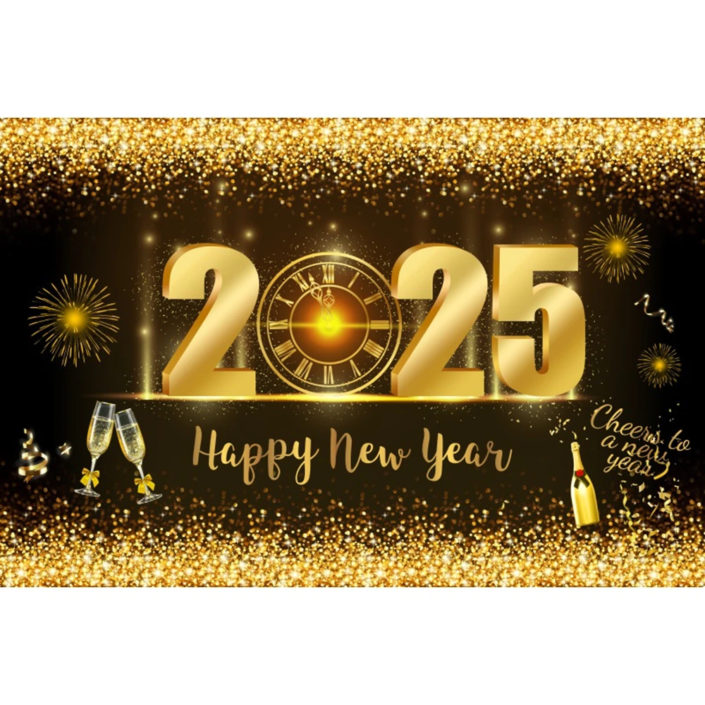 2025 Happy New Year Photography Backdrop Fireworks Clocks Champagne Christmas Family Party New Years Eve Photo Background Decor