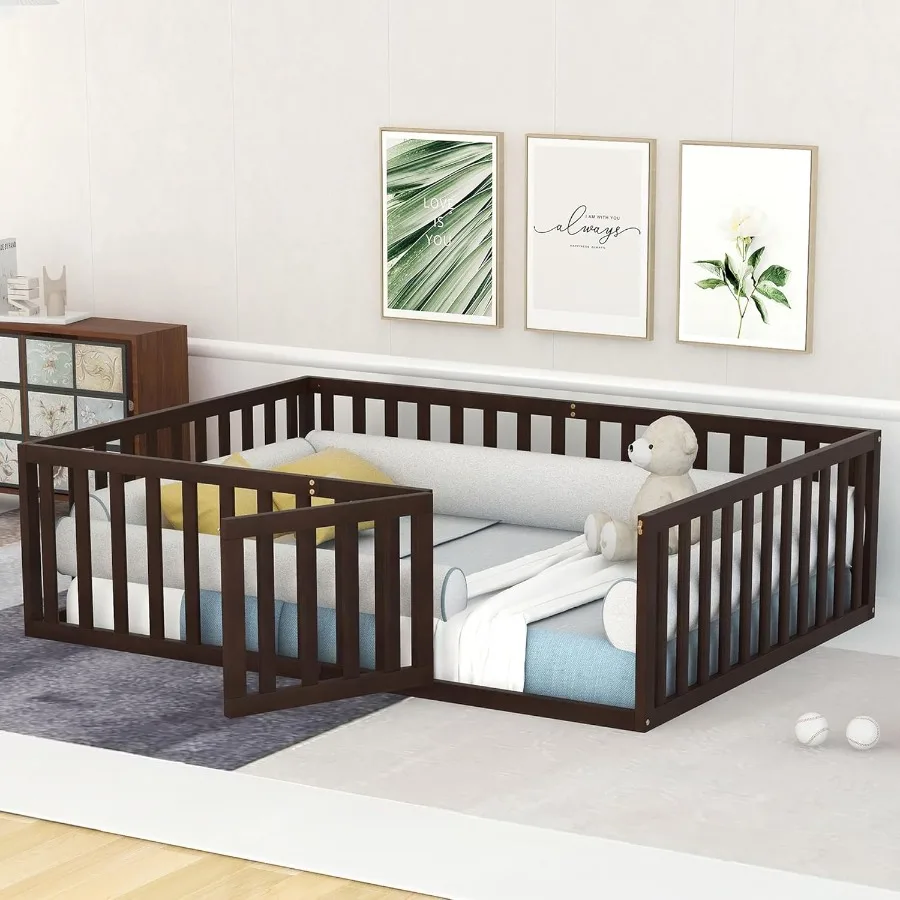 

Напольный каркас кровати Монтессори с высоким ограждением и дверцей, полная напольная кровать для девочек и мальчиков, легко собрать кровати Монтессори, полные