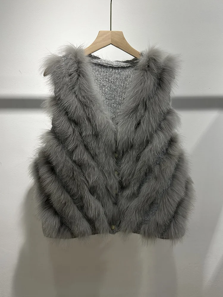 2026 New Spring Autumn Warm Fox Fur Sweater Lady Knitted Cardigan Vest Women Solid Color Waistcoat Femeale Luxury Coat