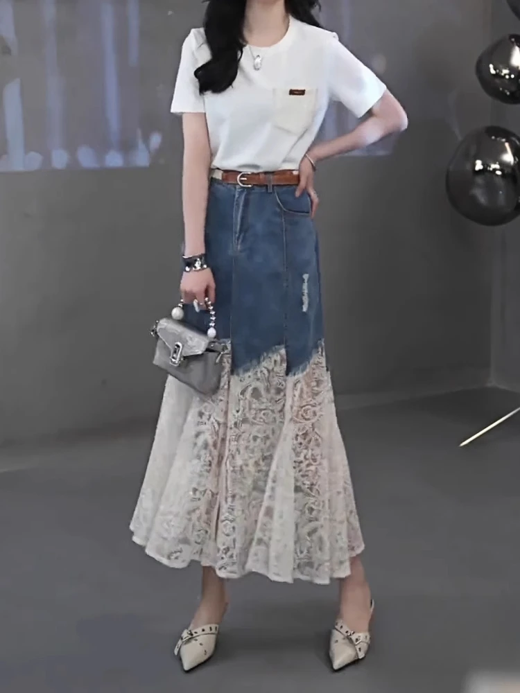 

Fashionable Lace Splicing Jeans Skirt Slimming High Waist A-Line Midi Skirt Korean Style Commute Element Hollow out Design