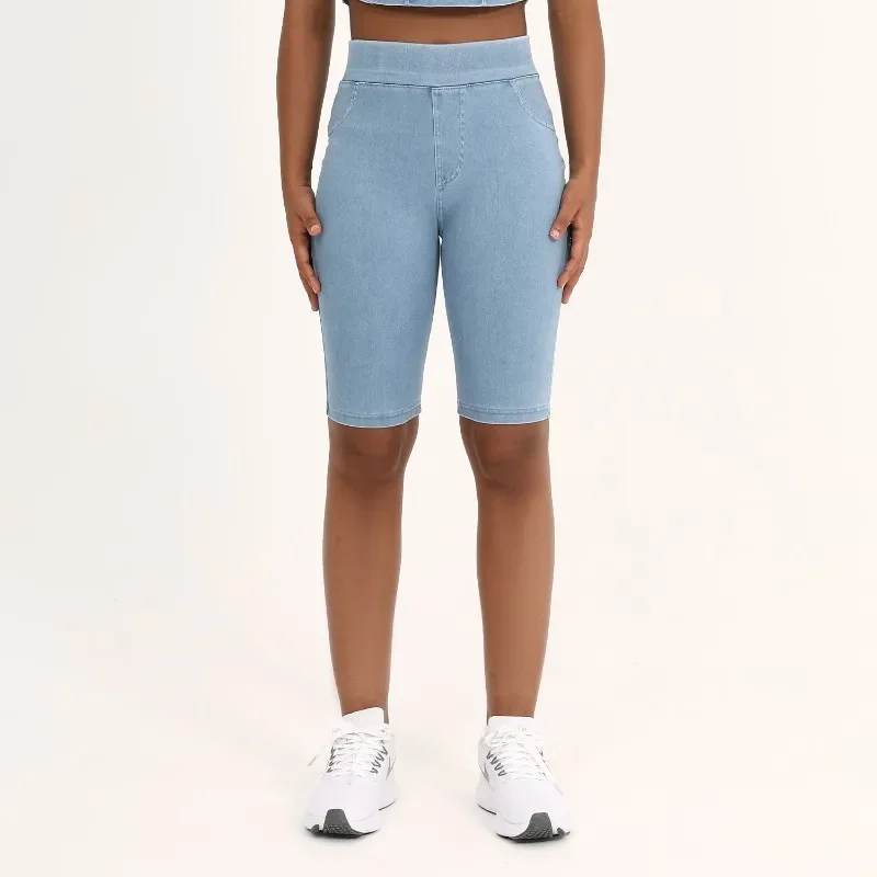​ ​ Short de Yoga en Denim taille haute pour femmes, double poche, sans couture, extensible, Fitness, mode, Slim, cinq points