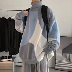 Turtleneck Men Sweaters Fashion Winter Knitted Patchwork Trendy Streetwear Knitwear Clothing
