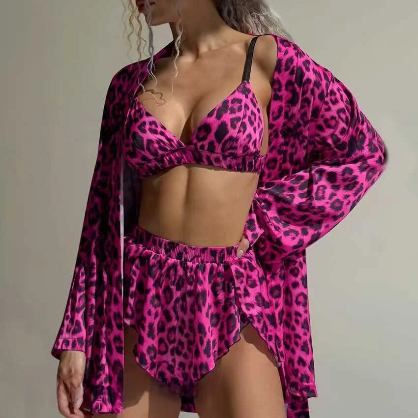 

Sexy Leopard Print Spwear Tee Piece Set ort Pants V-Ne Long Sve Home Clothes Women's Underwear Set Summer Thin