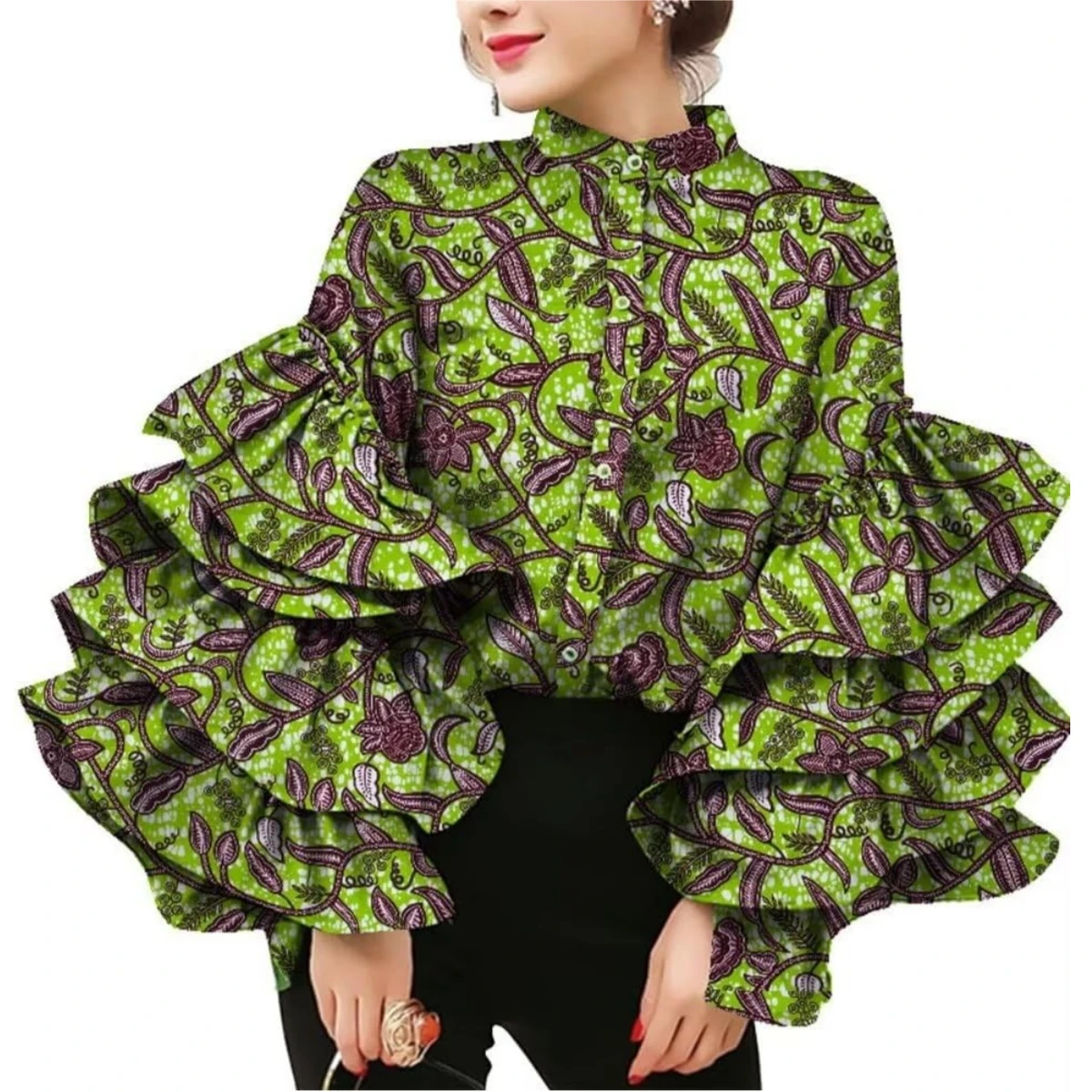 African Dress Shirt Stand Collar Layers Flare Sleeve Blouses for Women Wax Print Cotton Top Plus Size Lady Clothes Party WY8635