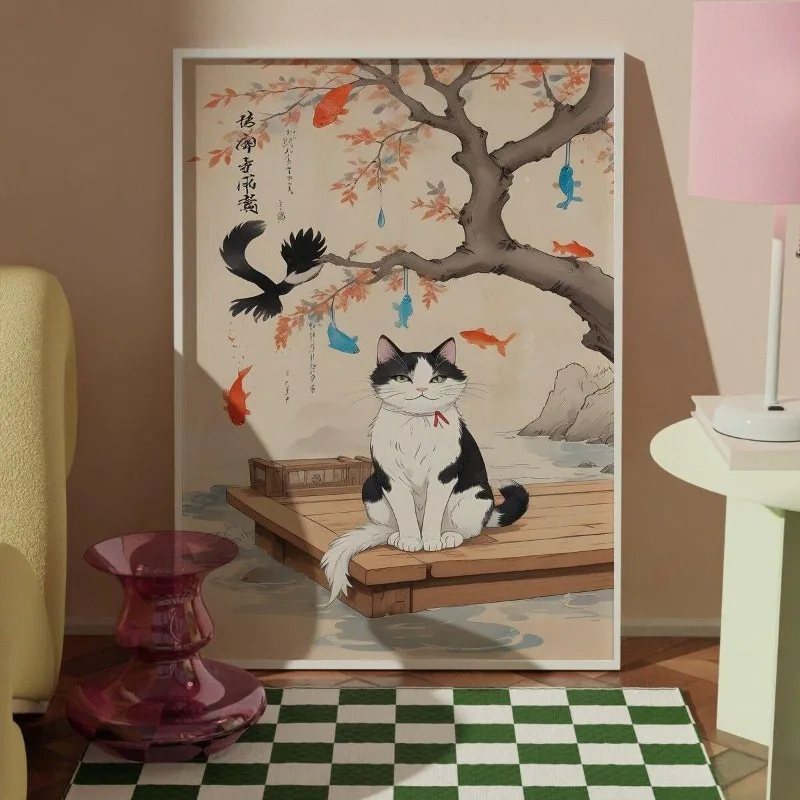 Kawaii Japanese Cat Canvas Art Sleeping with Watermelon Ukiyo-e Print Asian Style Aesthetic Wall Decor for Bedroom Kitchen Gift