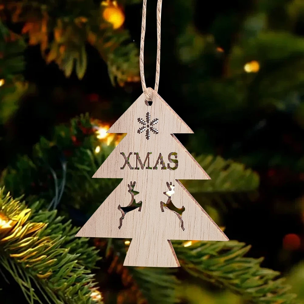 3PCS Pine Tree Wooden Hanging Pendant Charm Elk Motif Decoration Holiday Party DIY Christmas Tree Decoration Kids Gift Christmas