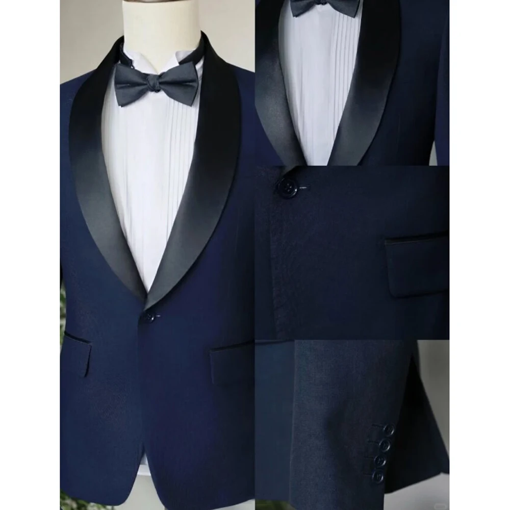 

Классические темно-синие мужские костюмы с шалью и лацканами на одной пуговице, мужской пиджак с черными брюками, комплекты для формального тонкого жениха, свадьбы, комплекты из 2 предметов