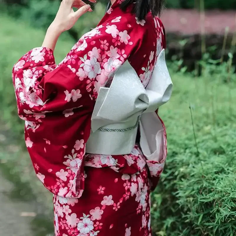 Japanese Kimono Bathrobe Red Small Cherry Blossom Kimono Set Bath Gown Original Yukata Dress Vintage Floral Robe