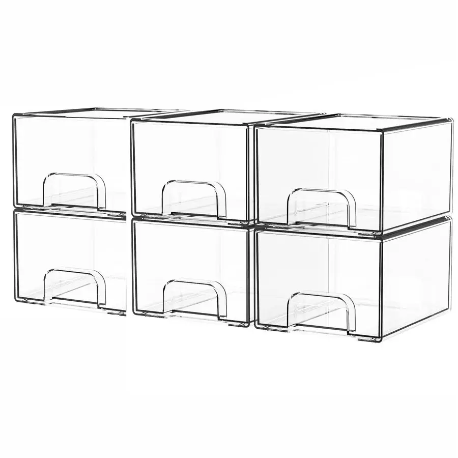 

6 Pack Small Stackable Storage Drawers,4.4 Inch Tall Stacking Acrylic Clear Storage Bins for Bathroom Vanity,Undersink,Pull Out