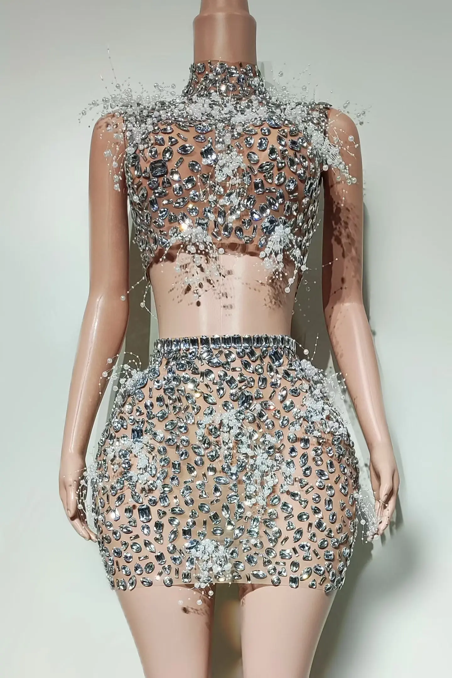 

Sparkly Rhinestone Crop Tops Mini Skirt 2Pieces Set Luxury Birthday Theme Party Photo Shoot Wear Sleeveless Sexy Dress Shihuacu