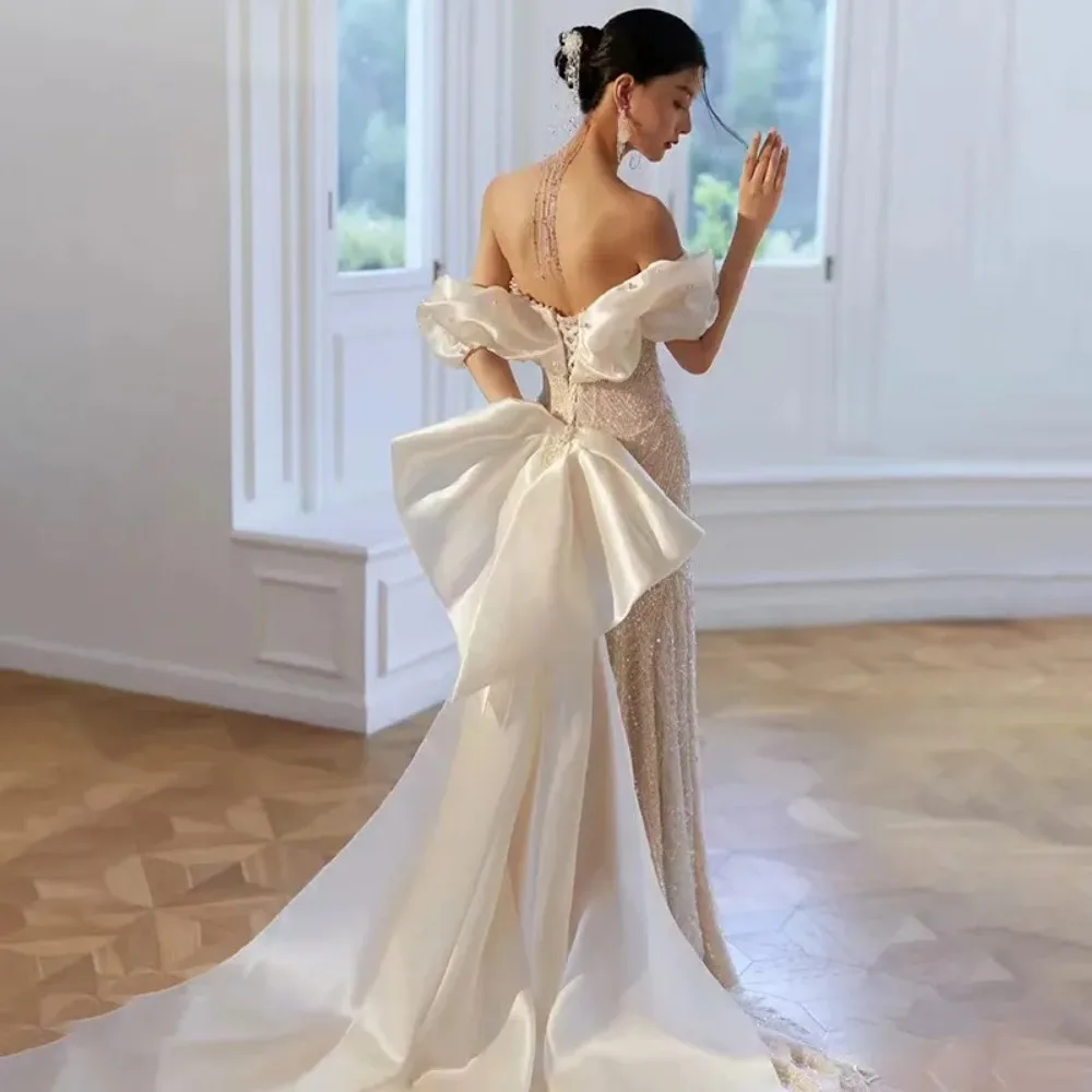 Customized Luxury Off Shoulder Bubble Sleeve Mermaid Wedding Dresses Elegant Strapless Bridal Gown with Large Bow At The Back