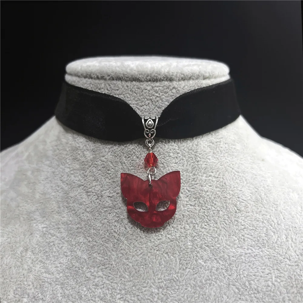 Acrylic cat Choker,Gothic jewelry,black velvet,Vintage,black cat,white cat,red cat,Witch accessory,pagan,necklace For Women Man