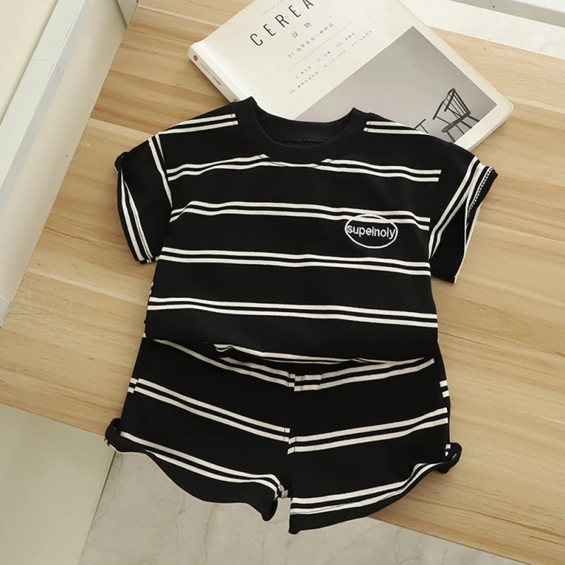 2Pcs Fashion Children Short Sleeve Shorts Sets Summer Kids Clothes Boys Baby Cotton Tee Pant Outfits Black and White Stripe Trac