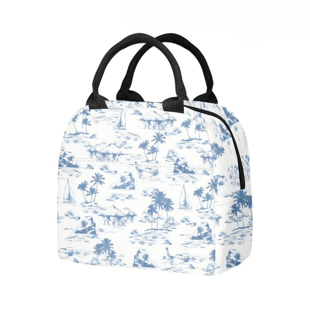 Palm Trees Beach Surfing Insulated Lunch Bag Side Pocket Waterproof Reusable Office Easy Clean Design for Work School Picnics