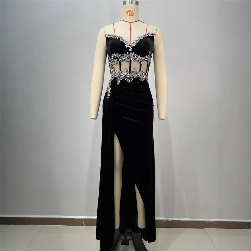 Lussuoso abito senza spalline in velluto nero trasparente sexy con paillettes