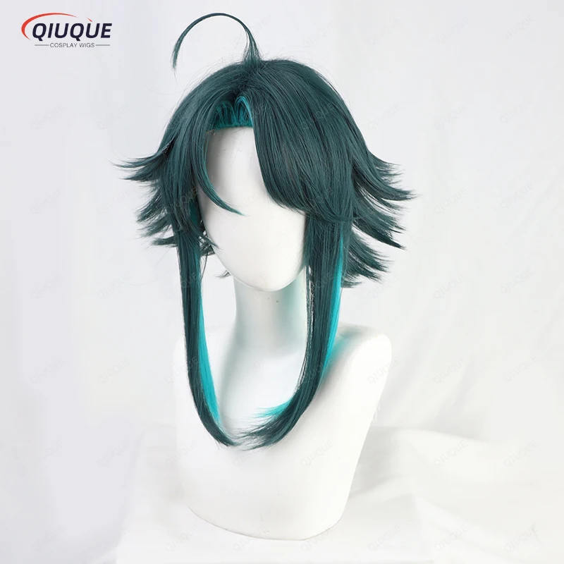 Game Impact Xiao Cosplay Wig Mixed Dark Green Blue Short Heat Resistant Synthetic Hair Anime Wigs + Wig Cap + Badge