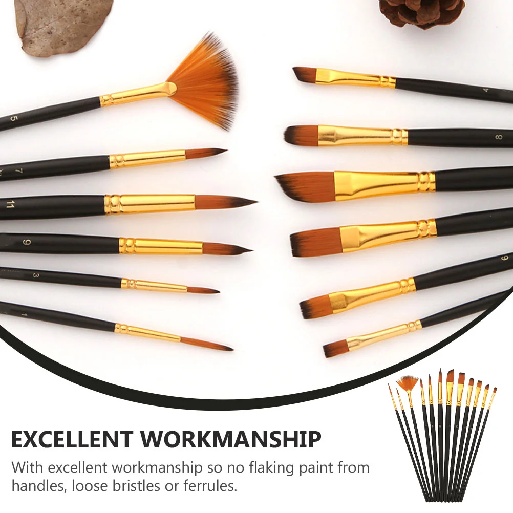 

12Pcs Professional Painting Supplies Wooden Pole Copper Tube Nylon Hair Easy Clean Durable Artistic Drawing Brushes