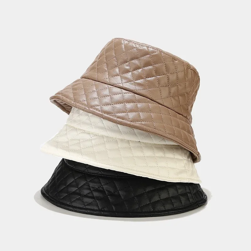 Korean PU soft leather check fisherman hat female autumn-winter vintage warm sunshade hat show face small basin hat tide
