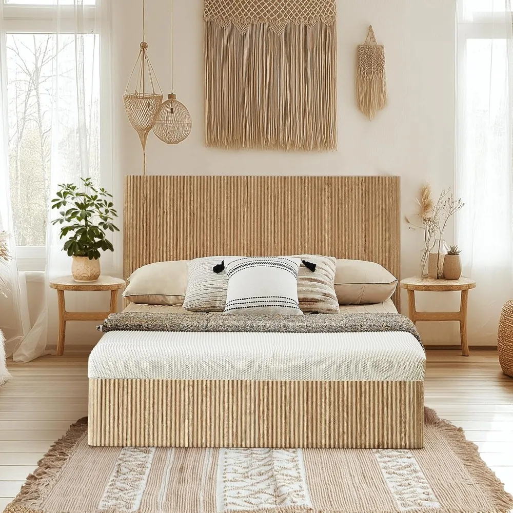 

Natural Queen Size Lift-Up Storage Bed Frame, Medieval-Modern Style Rack Bed Frame, Queen Size Bed Frame with Headboard