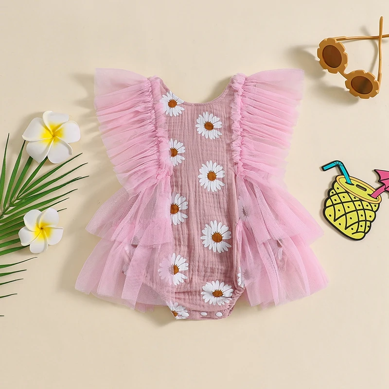 

VISgogo Baby Girl Summer Romper Dress Daisy Print Mesh Ruffles Fly Sleeve Bodysuit for Newborn Toddler Cute Clothes