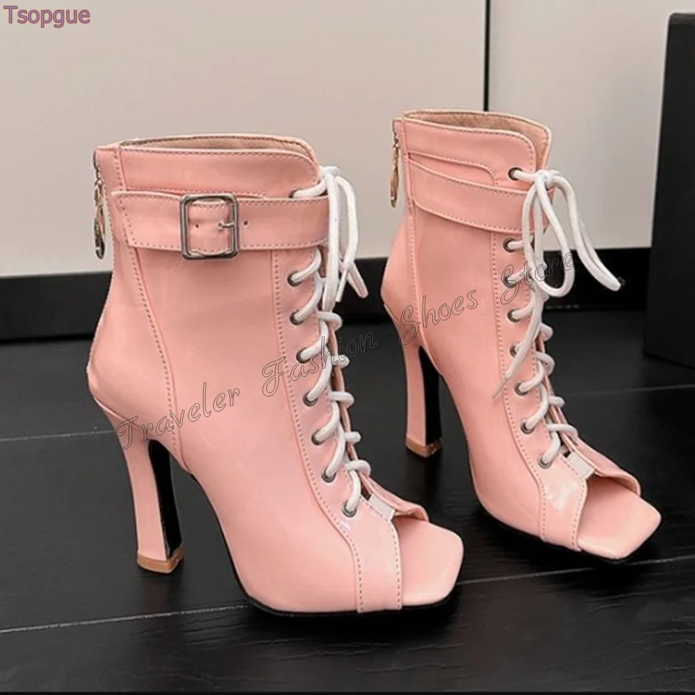 

Pink Peep Toe Lace up Back Zipper Boots Square Toe Buckle Decor High Heel Shoes for Women Heels 2024 New Zapatos Para Mujere