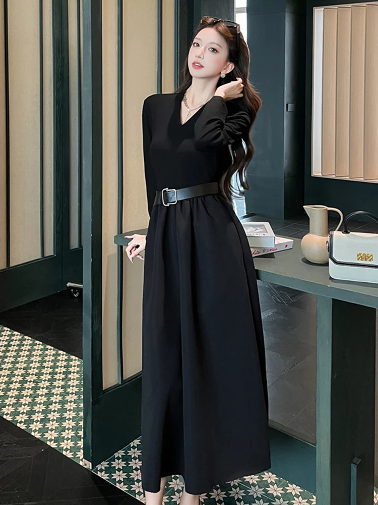 Ropa de calle para mujer, suéter informal de punto negro, Simple, con cuello en V, cinturón ajustado, vestido largo acampanado, Vestidos elegantes para mujer, bata elástica