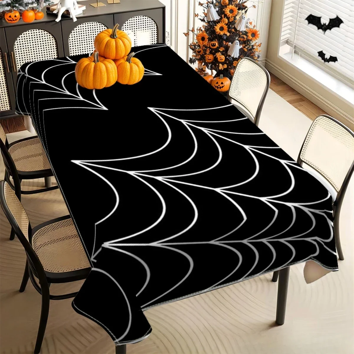 1Pc Halloween Spider Web Tablecloth Black White Cobweb Print Table Cover For Holiday Party Dinner Decoration Rectangu