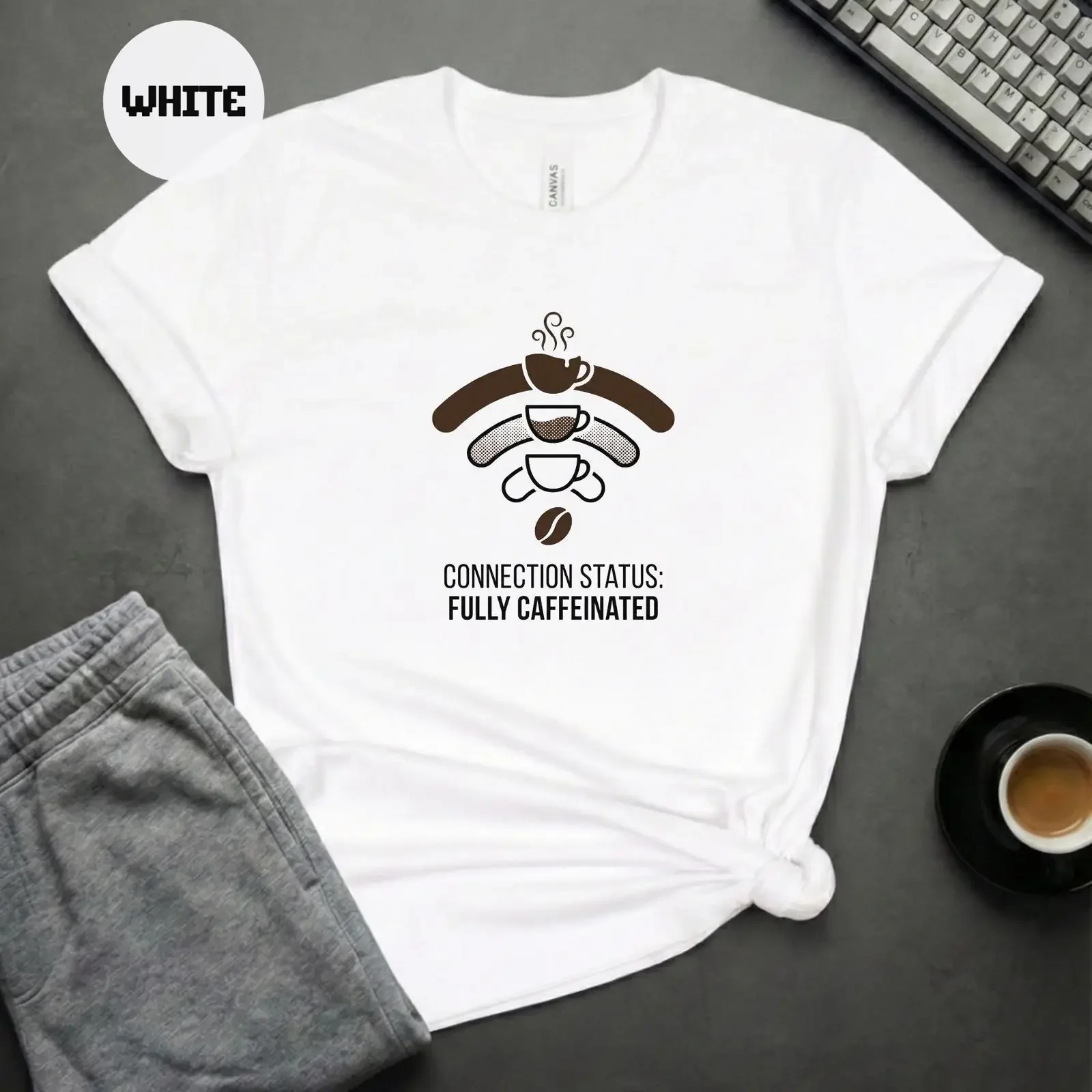 Connection Status Fully Caffeinated Funny Coffee WLAN T Shirt Gamer Nerd Programmer Retro Gaming Casual vintage Washed fashion