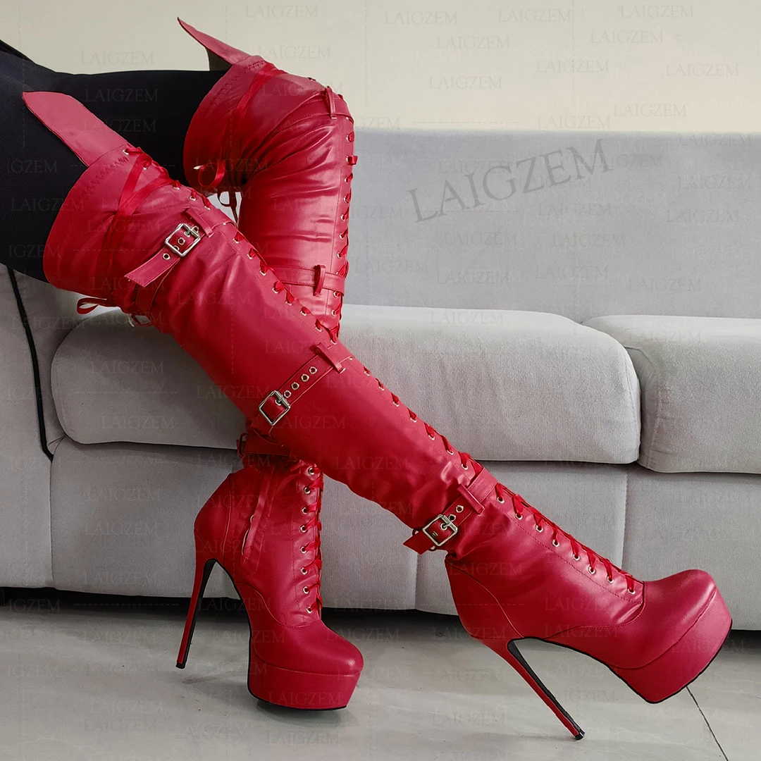 LAIGZEM Women Over Knee High Boots Platform Faux Leather Thin High Heels Boots Handmade Ladies Shoes Woman Big Size 39 43 48 52