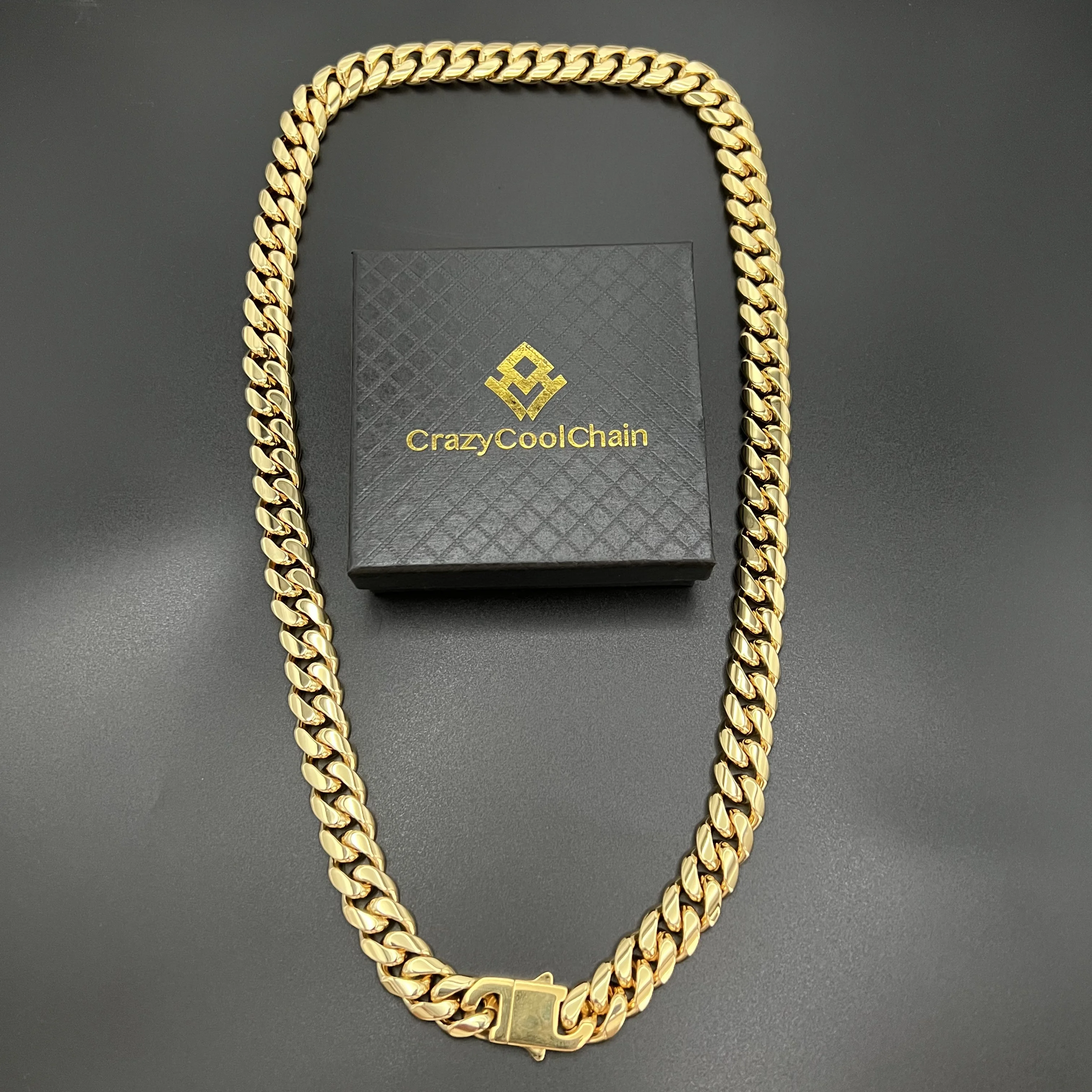 14mm 18K Gold 5-Time Plated Premium Durable Cuban Chain(Push Button)