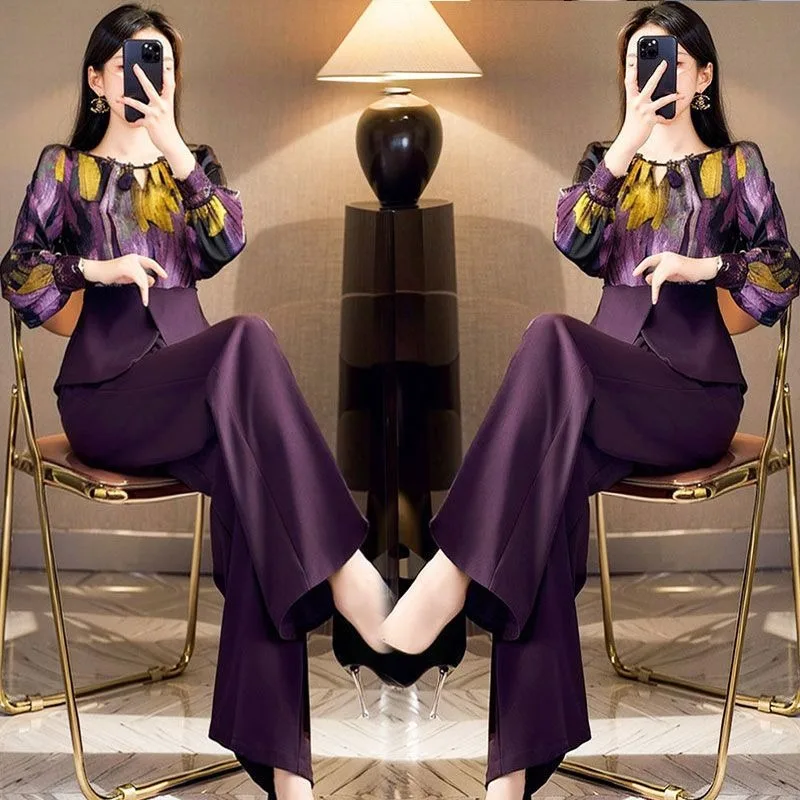 

New Autumn High End Women's Two Piece Set Fashion Printed Splicing O-neck Long Sleeve Shirt Top + Wide Leg Pants Elegant Suit