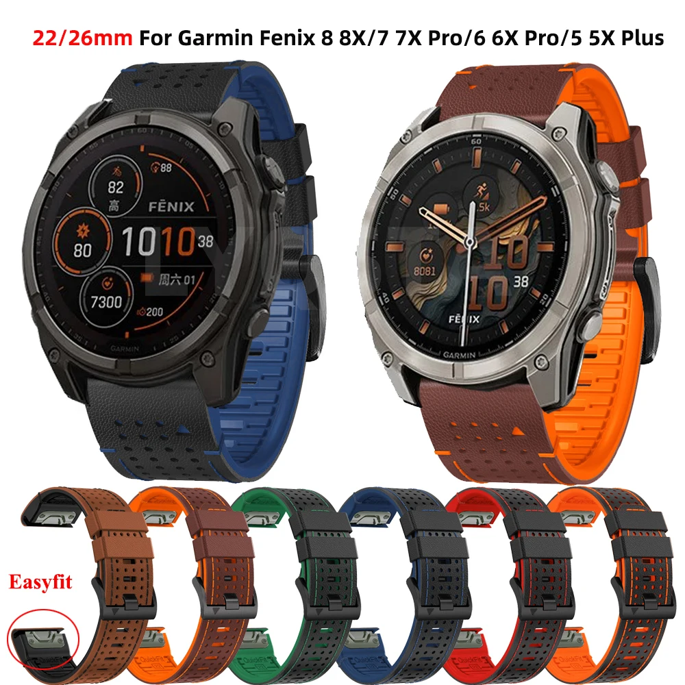 실리콘 및 가죽 스트랩 시계 밴드, Garmin Fenix 8 47mm 51mm 6X 6 Pro 5X 5 7X 7 Pro Epix Pro Enduro 3 시계 팔찌, 26mm 22mm