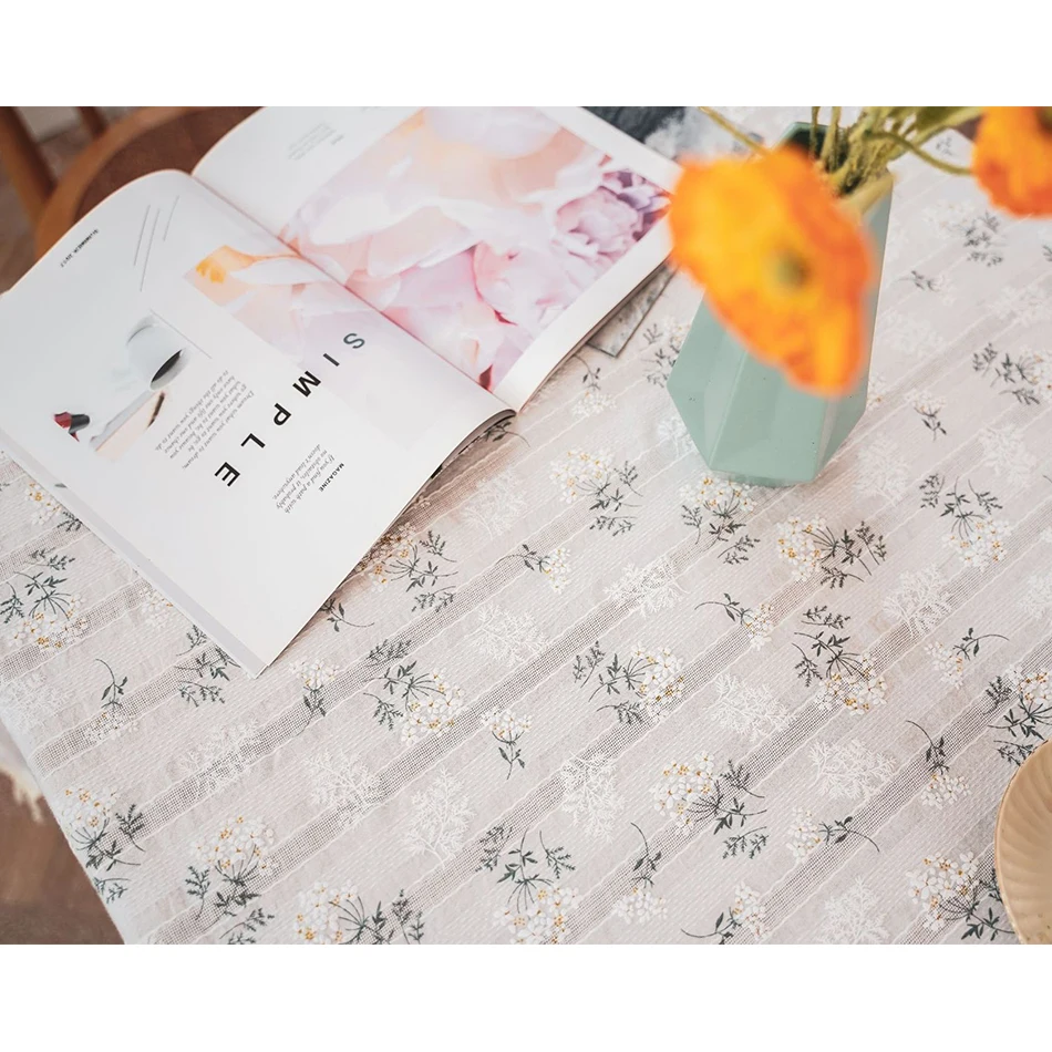 Korean Style Small Daisy Cotton Floral Tablecloth,Tea Table Decoration,Rectangle Table Cover For Kitchen Wedding Dining Room