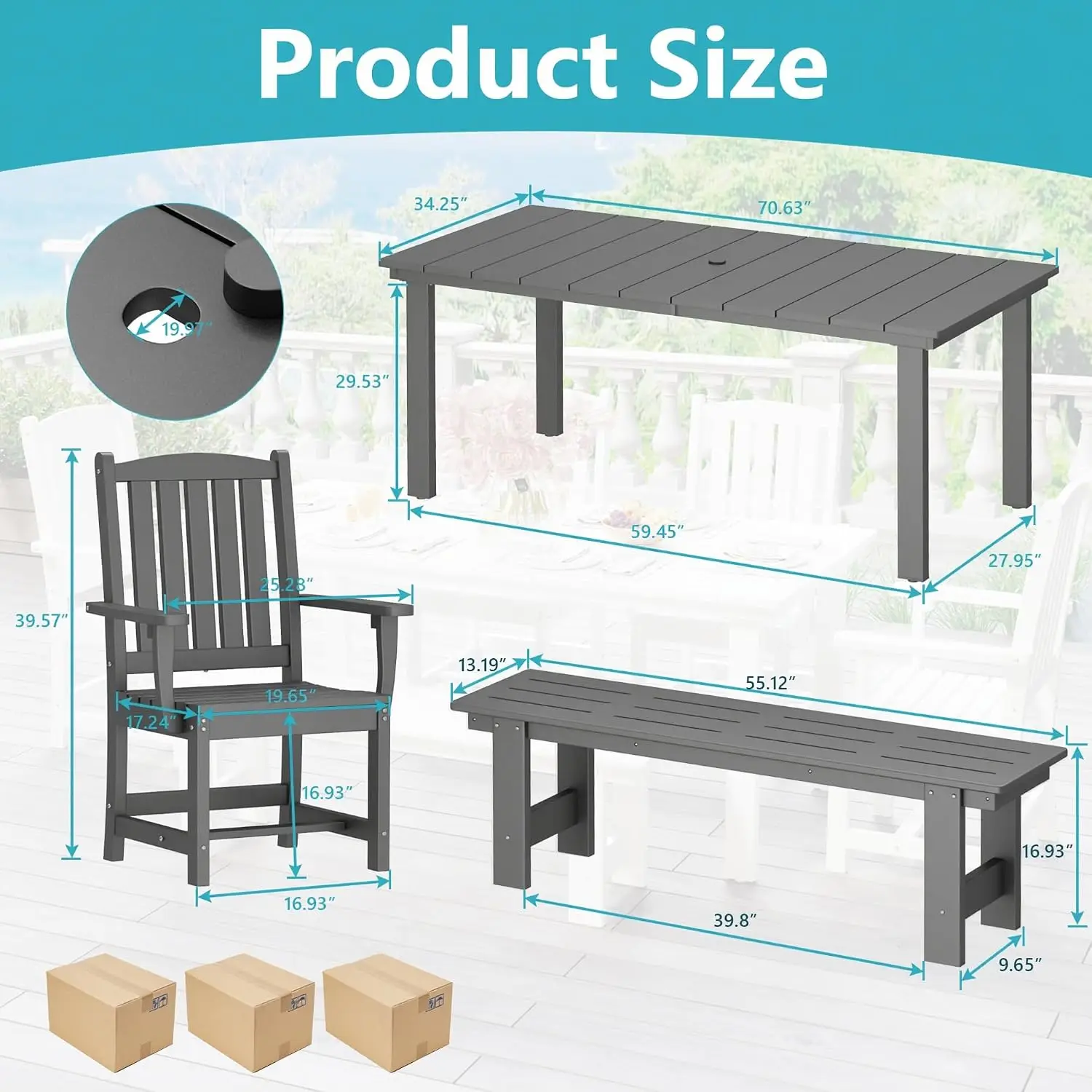 Outdoor Dining Table Set 6Pcs 1 Table 4 Chairs 1 Bench, Customized