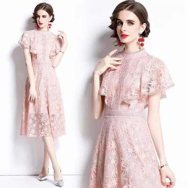 Women's Lace Floral Elegant Cocktail Dresses Ladies High Crew Neck Ruffle Cap Sleeve Fall  Summer A-Line Midi Dress High Quality